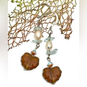 Brown Czech Glass Leaf Blush FW Pearl Blue Stone Chip AB Crystal Drop Earrings
